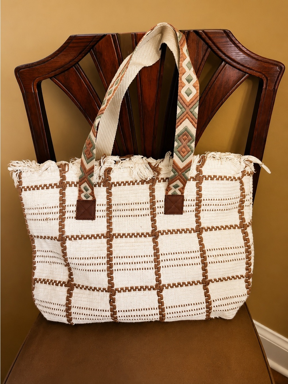 Eden Boho Fringe Tote Bag in Ivory - Picture 1 of 5